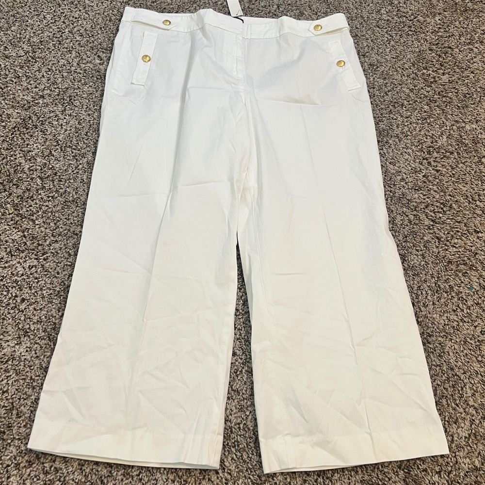 Talbots Womens White Wide Leg Crop Pants Gold Button Nautical Trousers Size 16